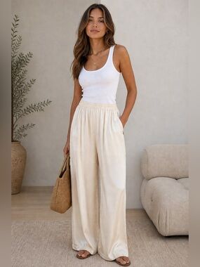 By Aylin Koenig Wide Leg Pants Women’s Large Italy Cupro Cream High Rise Soft B8